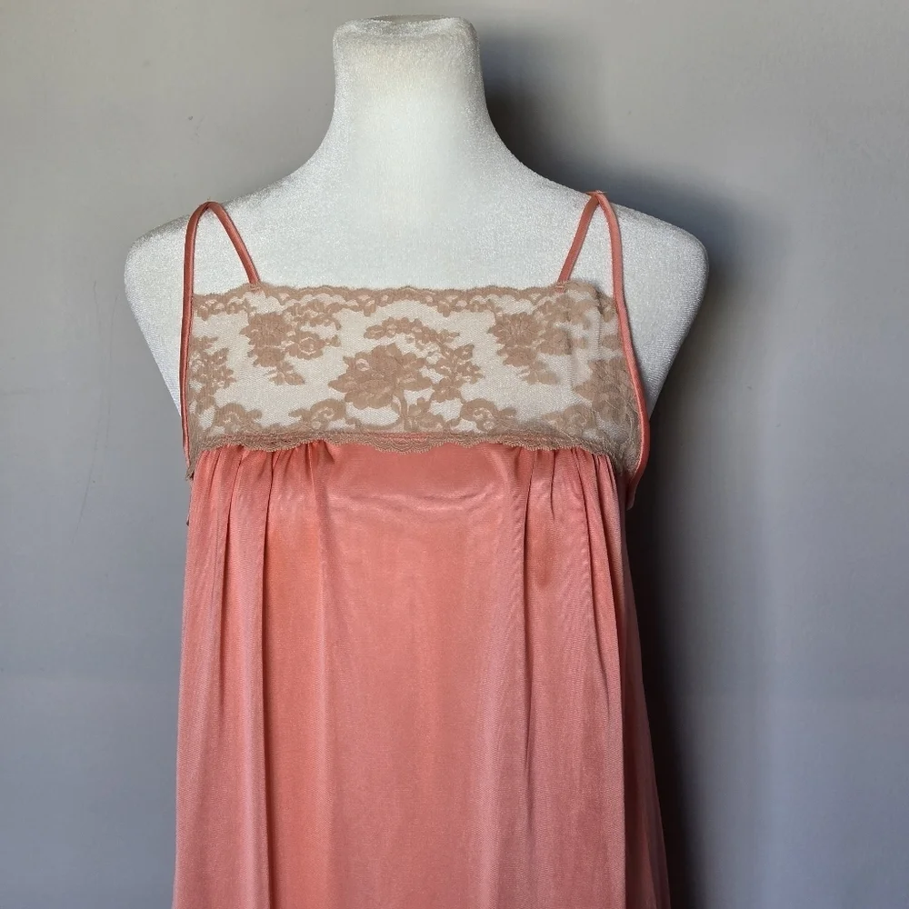 Vintage 60s 70s Henson Kickernick Coral Lace Trim Nightgown Lingerie Slip Dress - Picture 7 of 13